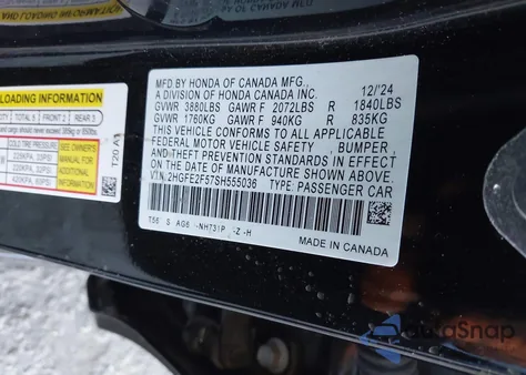 2025 Honda Civic Sport z USA, uszkodzony, nr VIN 2HGFE2F57SH555036